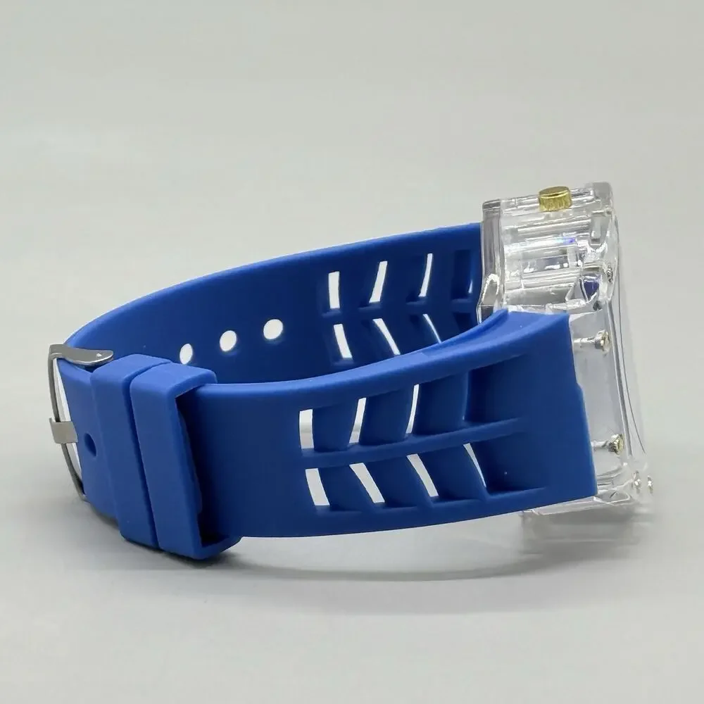 Ouki Mens Blue Tonneau Quartz Fashion Watch Skeleton Dial Mille Style Barrel